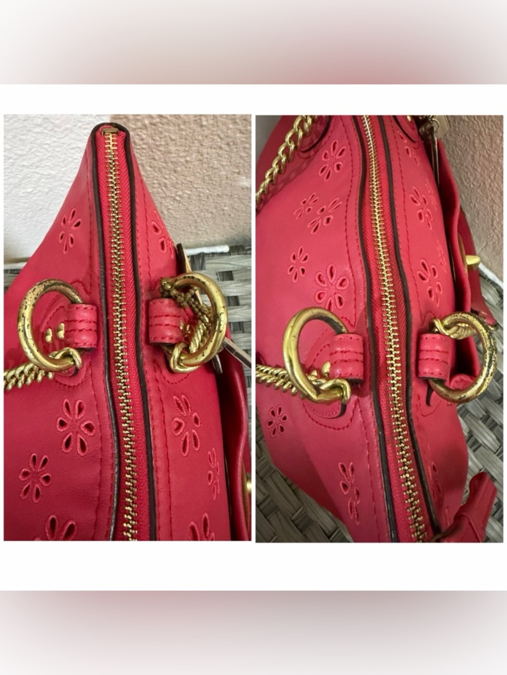 Coach Pink Leather Floral Perforated Chain Shoulder Bag Turnlock - Style 23842 - Picture 9 of 16